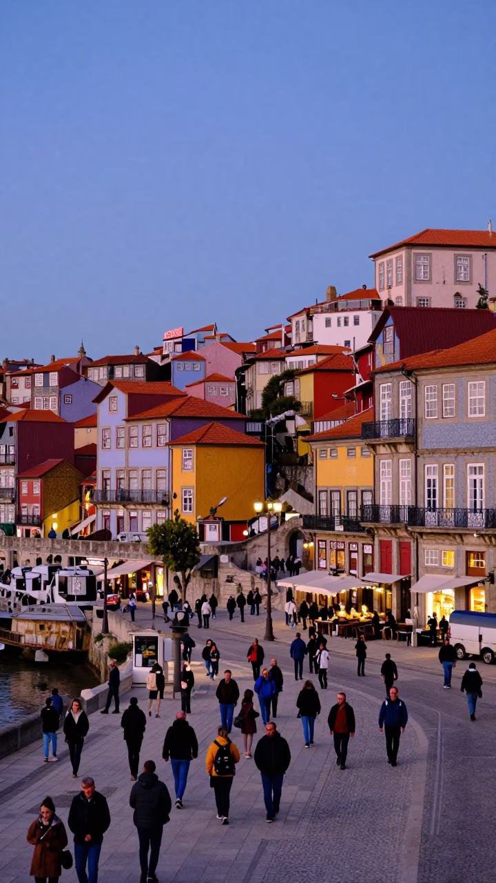 Colorful Busy Street Scene in Porto Portugal at Nautical Dawn with Blue Hour Light in in Porto, Portugal