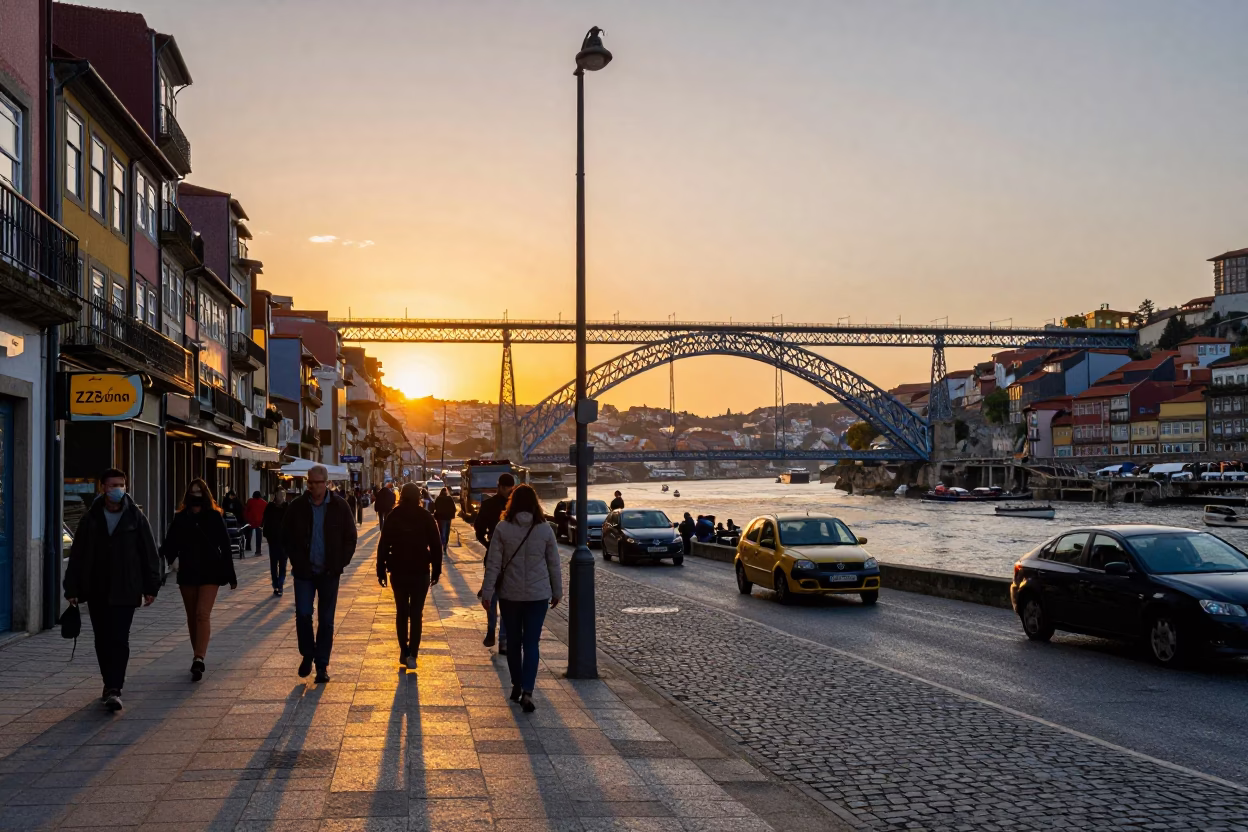 Colorful Busy Street Scene in Porto Portugal with Bridge at Sunset in in Porto, Portugal
