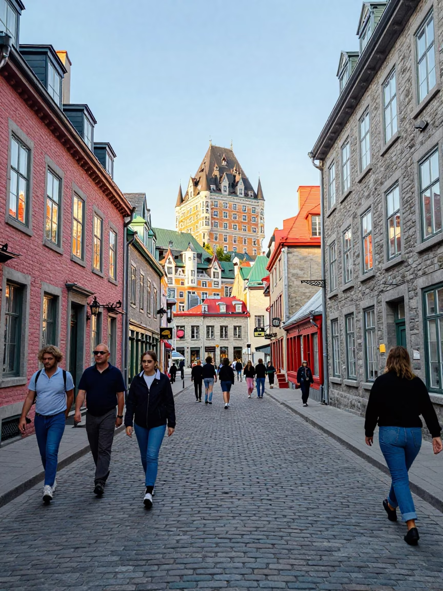 Colorful Busy Street Scene in Quebec City Quebec Canada Midmorning Light in in Quebec City, Quebec, Canada