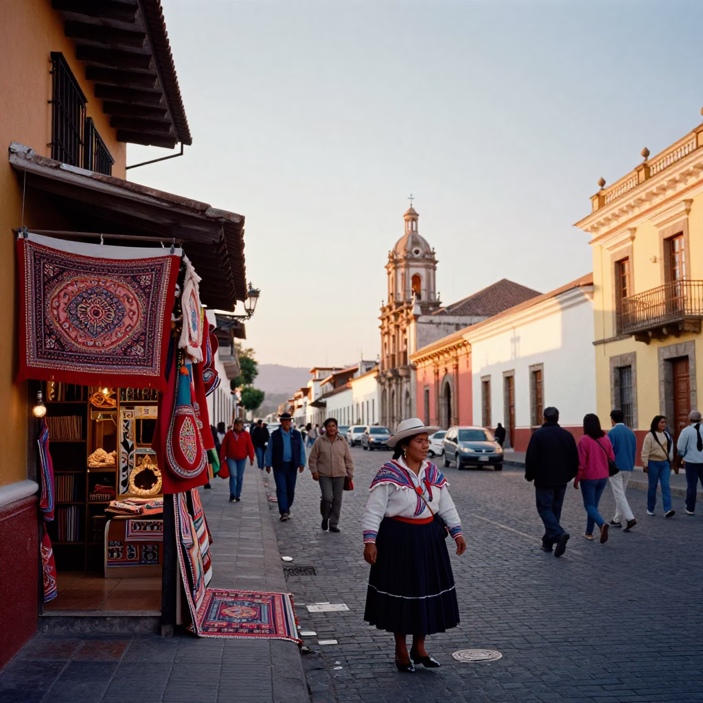Colorful Busy Street Scene in Quito Ecuador During Golden Hour Before Sunset in in Quito, Ecuador