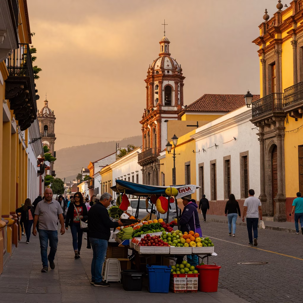 Colorful Busy Street Scene in Quito Ecuador Honeyed Evening Light in in Quito, Ecuador
