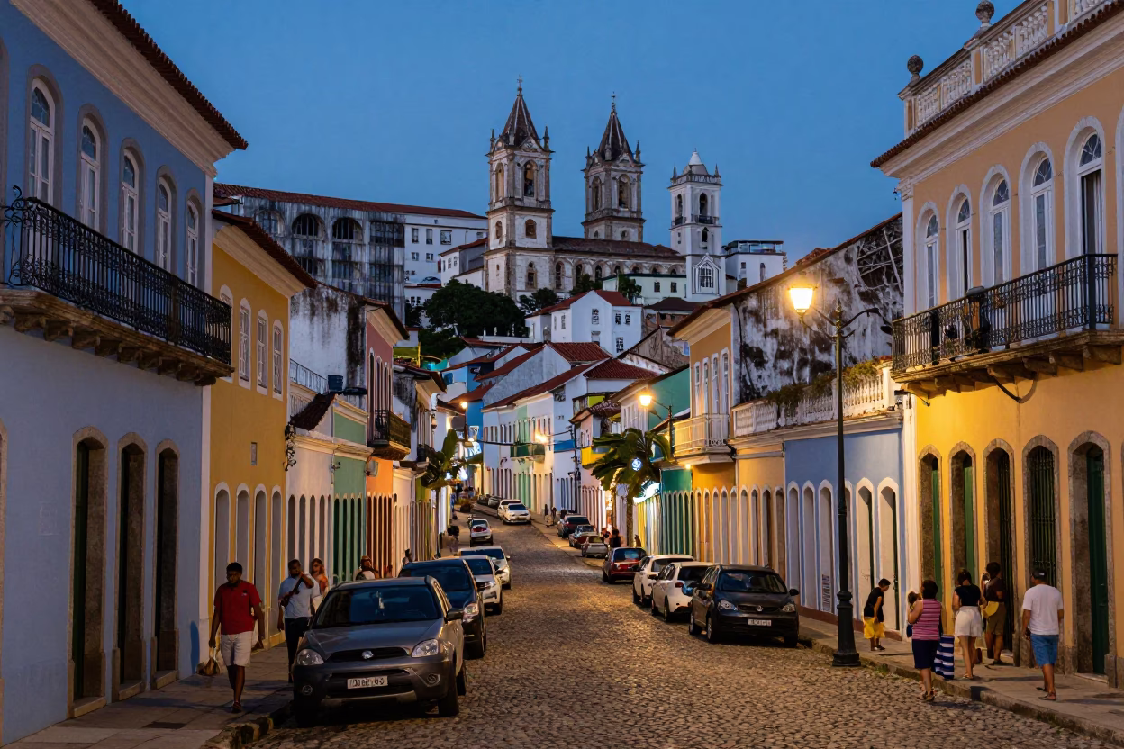 Colorful Busy Street Scene in Salvador Brazil at Nautical Dawn with Local Market Activity in in Salvador, Brazil