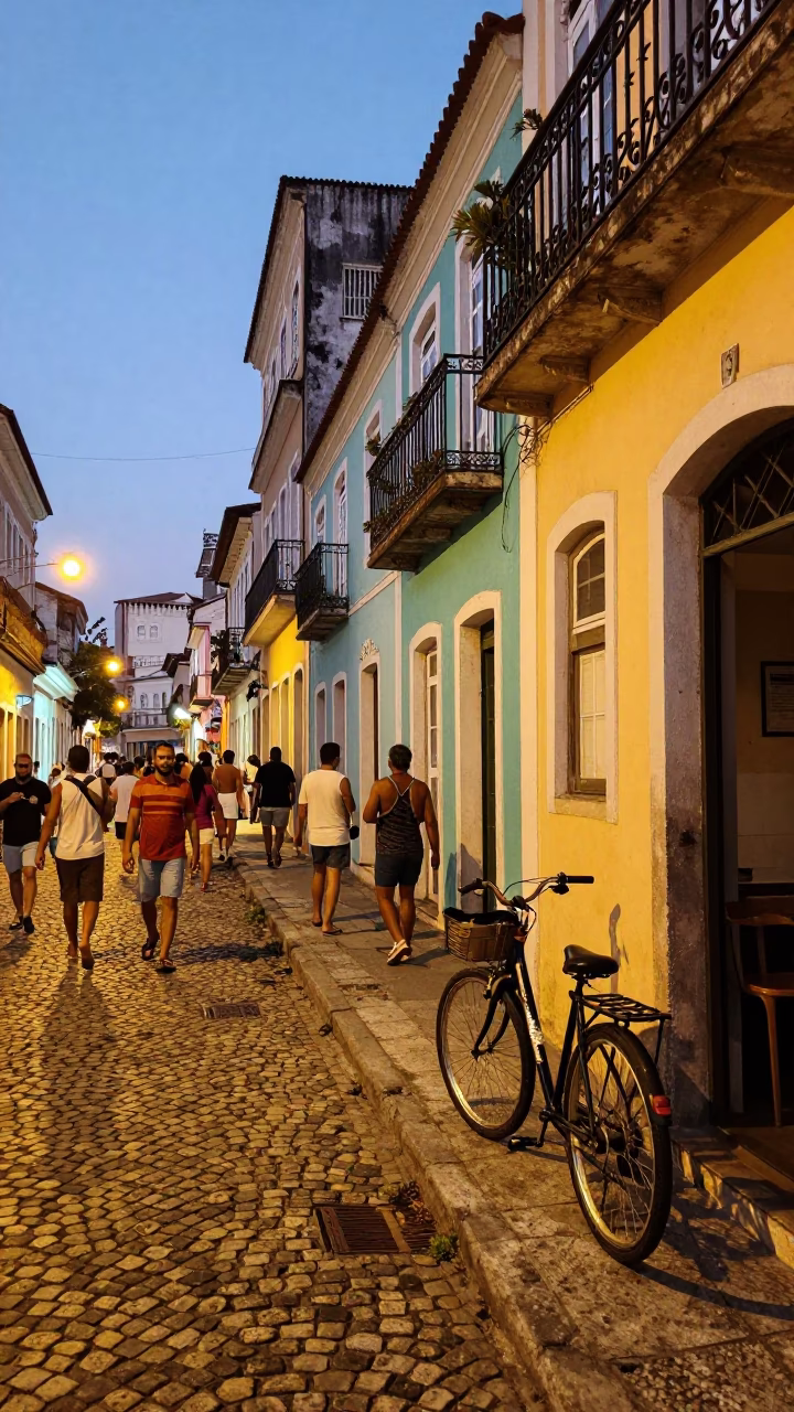 Colorful busy street scene in Salvador Brazil evening light with bicycle leaning against cafe in in Salvador, Brazil