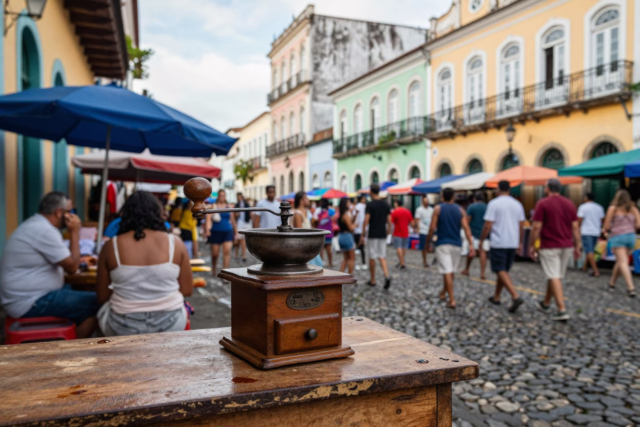 Colorful Busy Street Scene in Salvador Brazil Late Morning with Vintage Coffee Grinder in in Salvador, Brazil