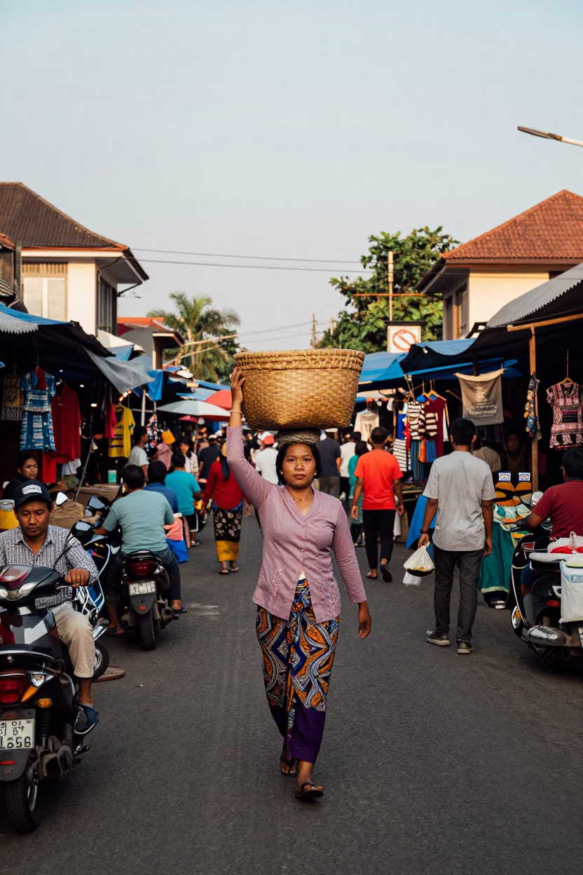 Colorful Busy Street Scene in Yogyakarta Indonesia Late Afternoon with Local Market Activity in in Yogyakarta, Indonesia