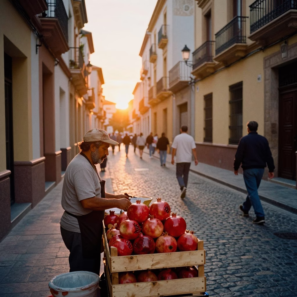 Colorful Busy Valencia Street Scene at Sunset with Pomegranate and Urban Details in in Valencia, Spain