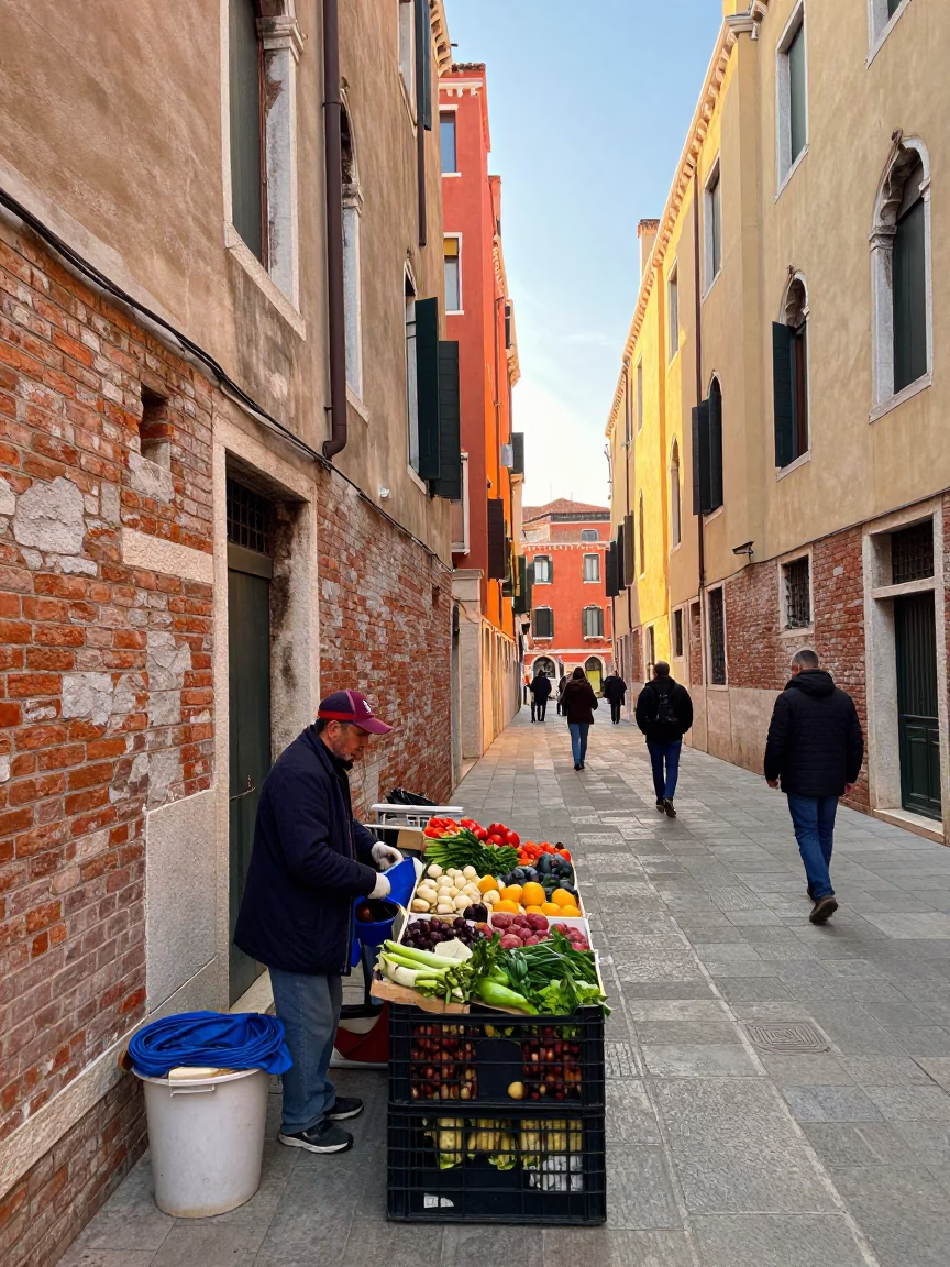 Colorful Busy Venice Italy Street Scene Just After Sunrise with Local Activity in in Venice, Italy