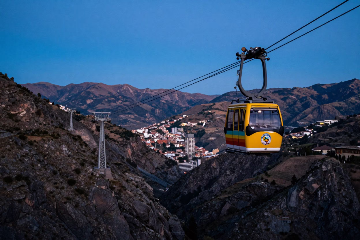 Colorful Cable Car Crossing Mountain Gorge in Quito Early Evening Light in in Quito, Ecuador