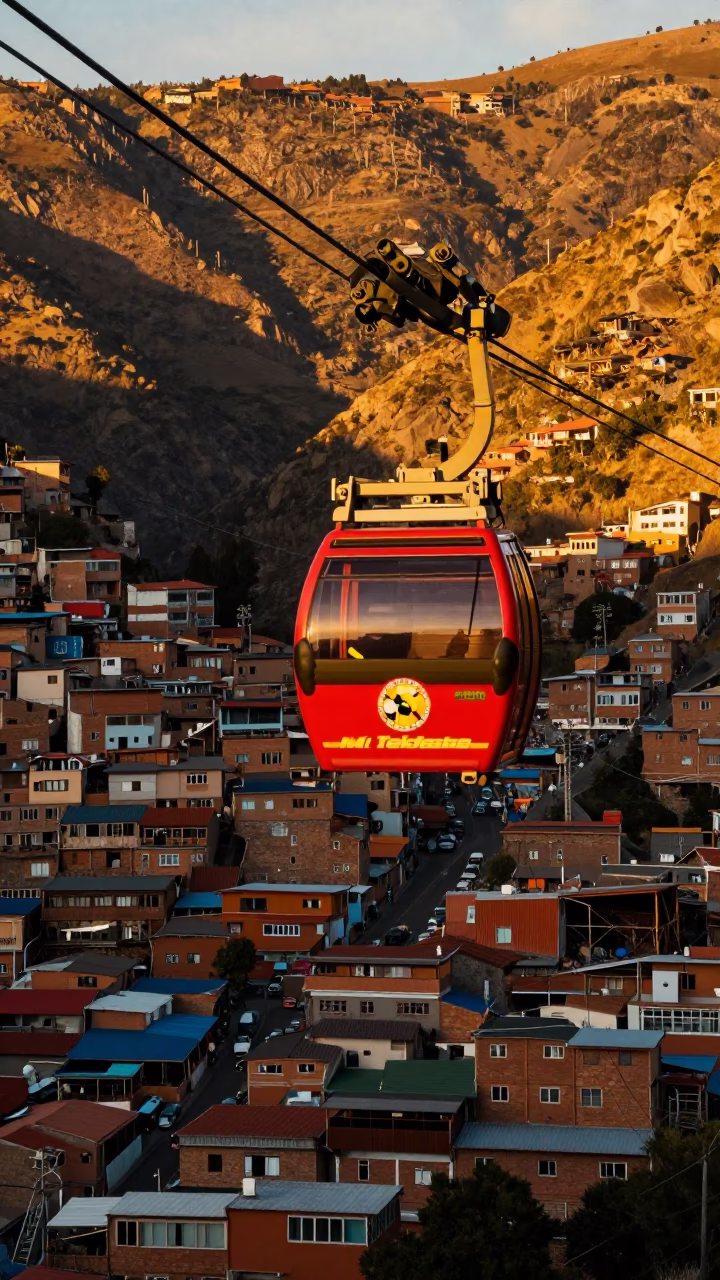 Colorful Cable Car Descending La Paz Bolivia in Honeyed Evening Light in in La Paz, Bolivia