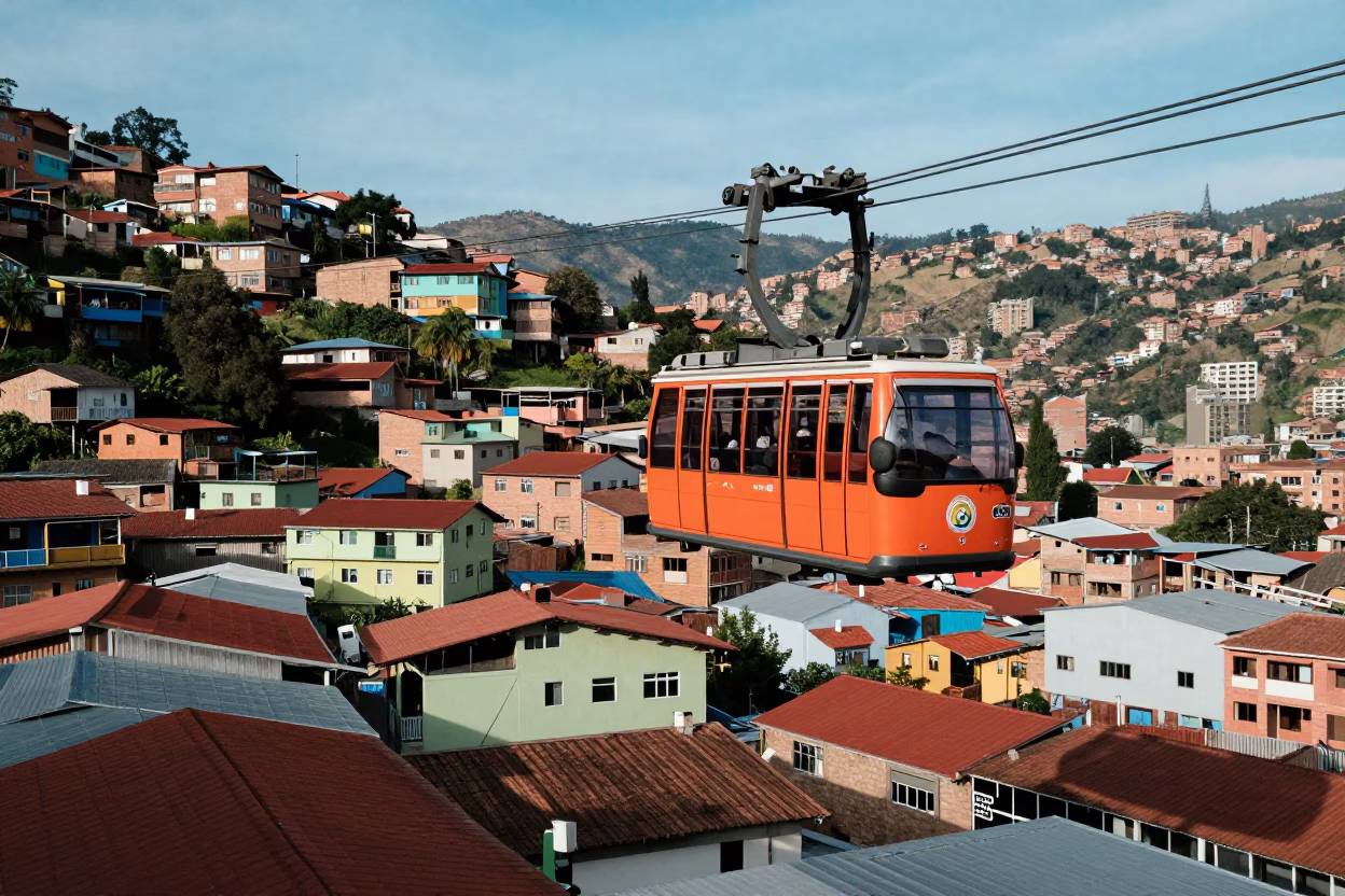 Colorful Cable Car Passing Over Bustling Medellin Neighborhoods in Late Afternoon Light in in Medellin, Colombia