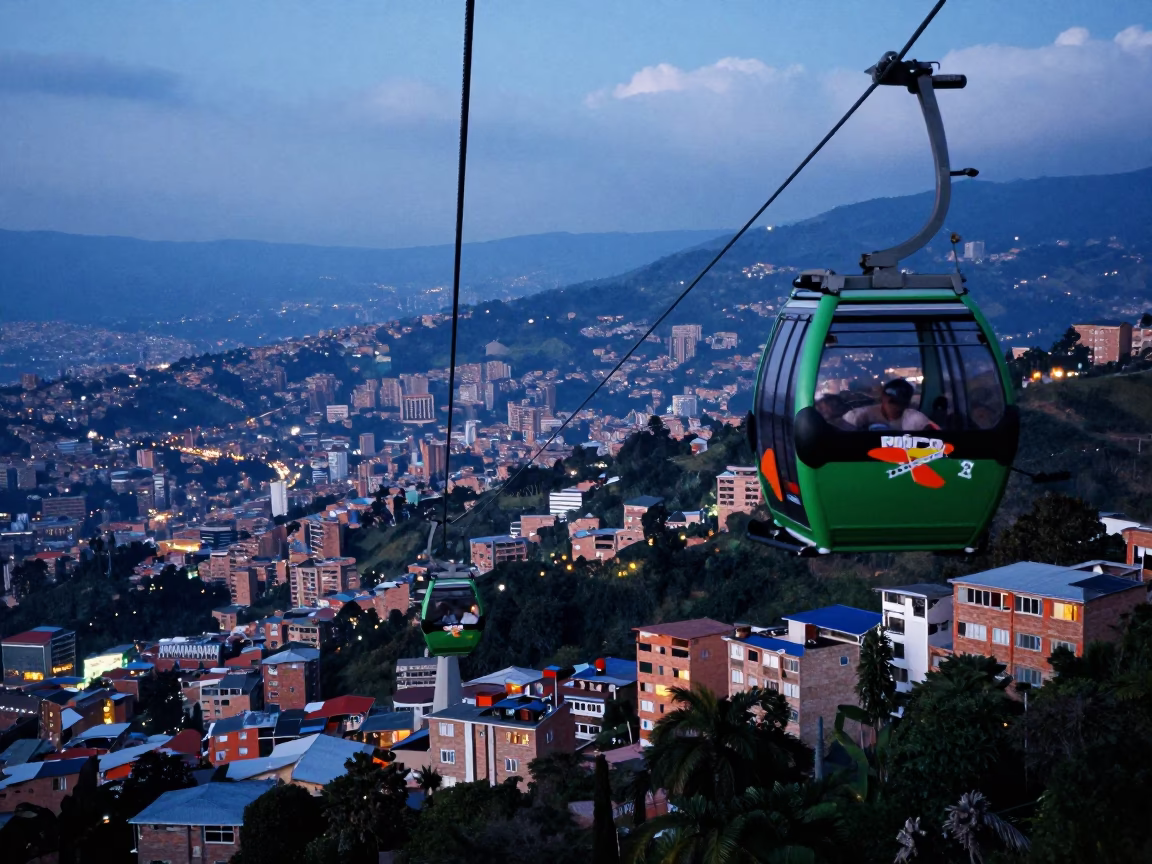 Colorful Cable Car Ride Over Medellin Hills at Indigo Twilight in in Medellin, Colombia