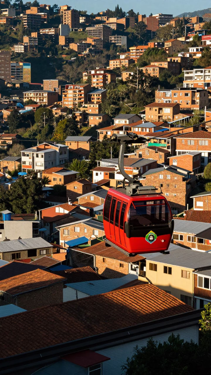 Colorful Cable Car Transport in Medellin Colombia Early Afternoon Mountain Cityscape View in in Medellin, Colombia