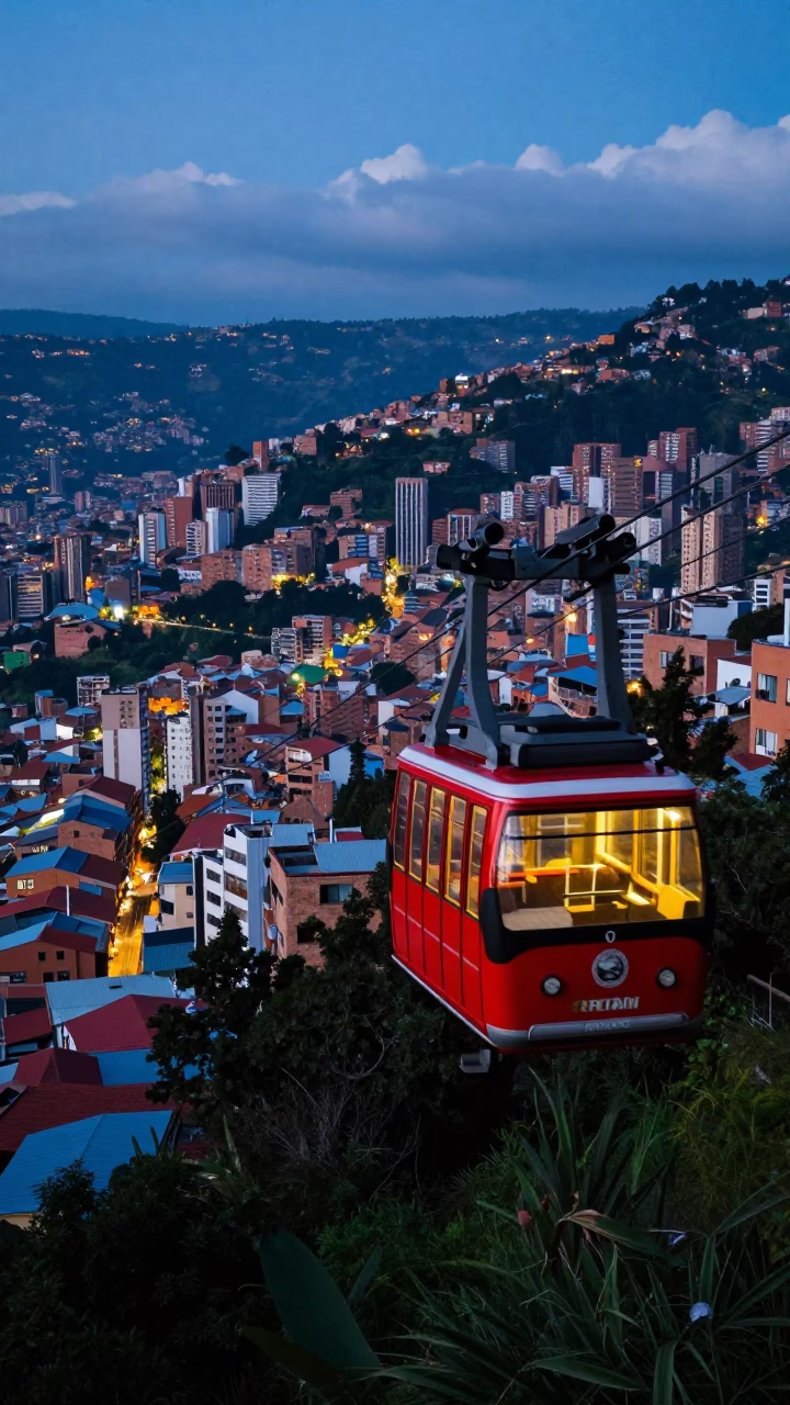 Colorful Cable Car Twilight Scene with Urban Landscape in Medellin Colombia in in Medellin, Colombia