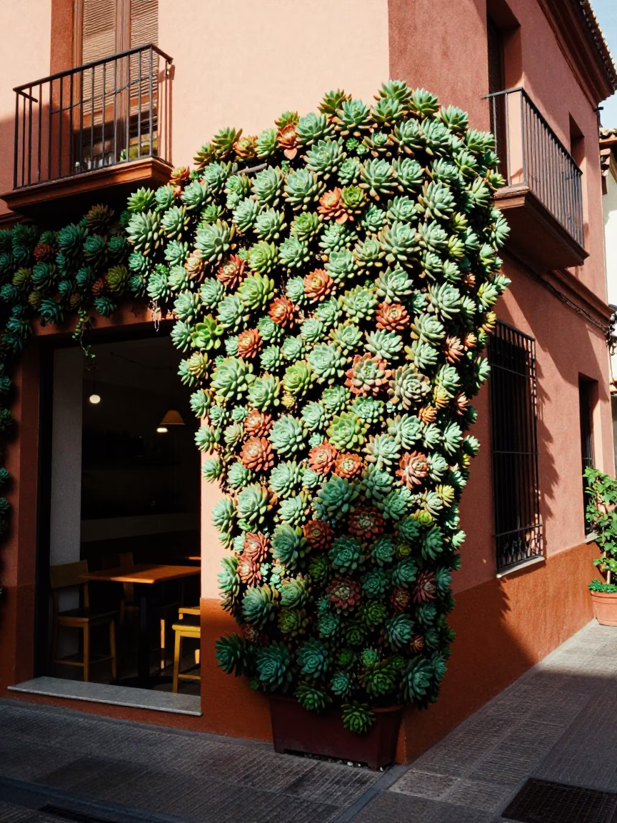 Colorful Cafe Exterior with Living Succulent Wall in Granada Spain Early Afternoon in in Granada, Spain