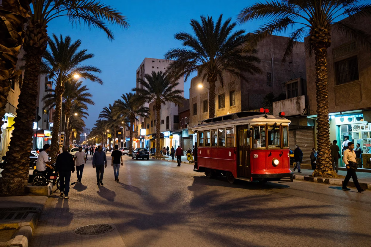Colorful Cairo Evening Street Scene with Vintage Trolley and Local Market Pastries in in Cairo, Egypt