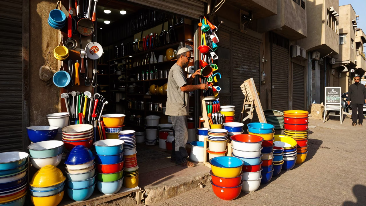 Colorful Cairo Shopkeeper Displaying Hand Tools and Kitchenware in Busy Downtown Storefront in in Cairo, Egypt