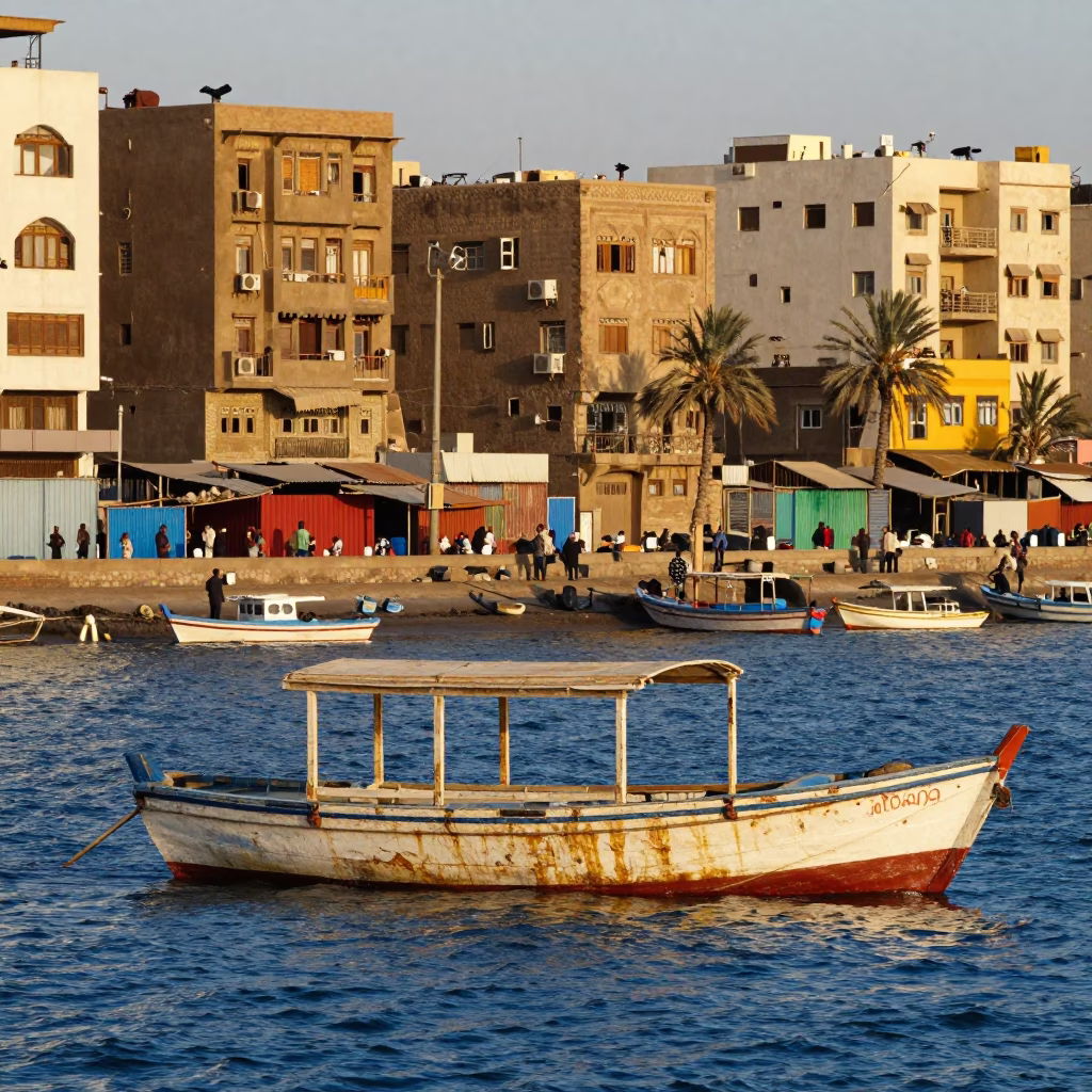 Colorful Cairo Street Scene Late Afternoon with Junk Boat and Linen Napkin in in Cairo, Egypt