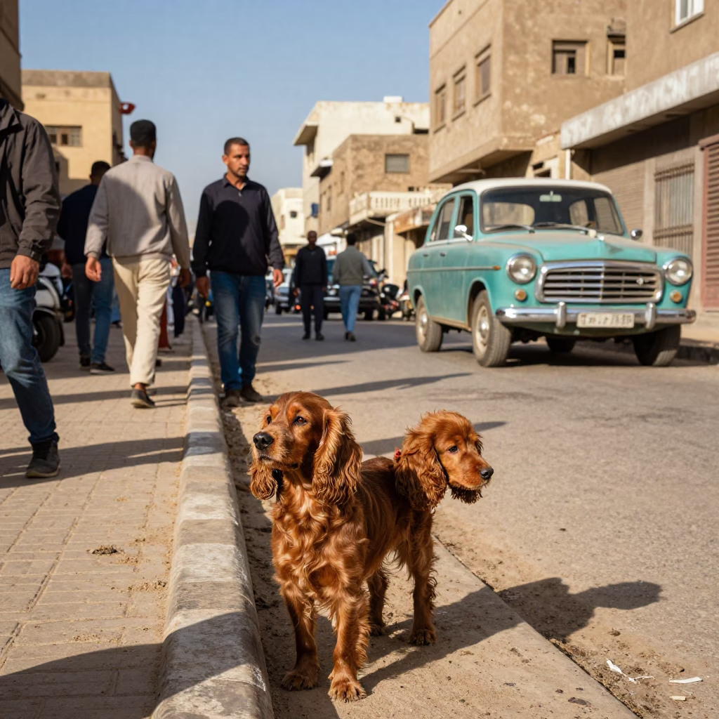 Colorful Cairo Street Scene with Cocker Spaniel and Vintage Scooter in Late Afternoon Light in in Cairo, Egypt