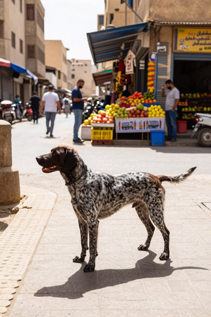 Colorful Cairo Street Scene with German Shorthaired Pointer in Bright Midmorning Light in in Cairo, Egypt