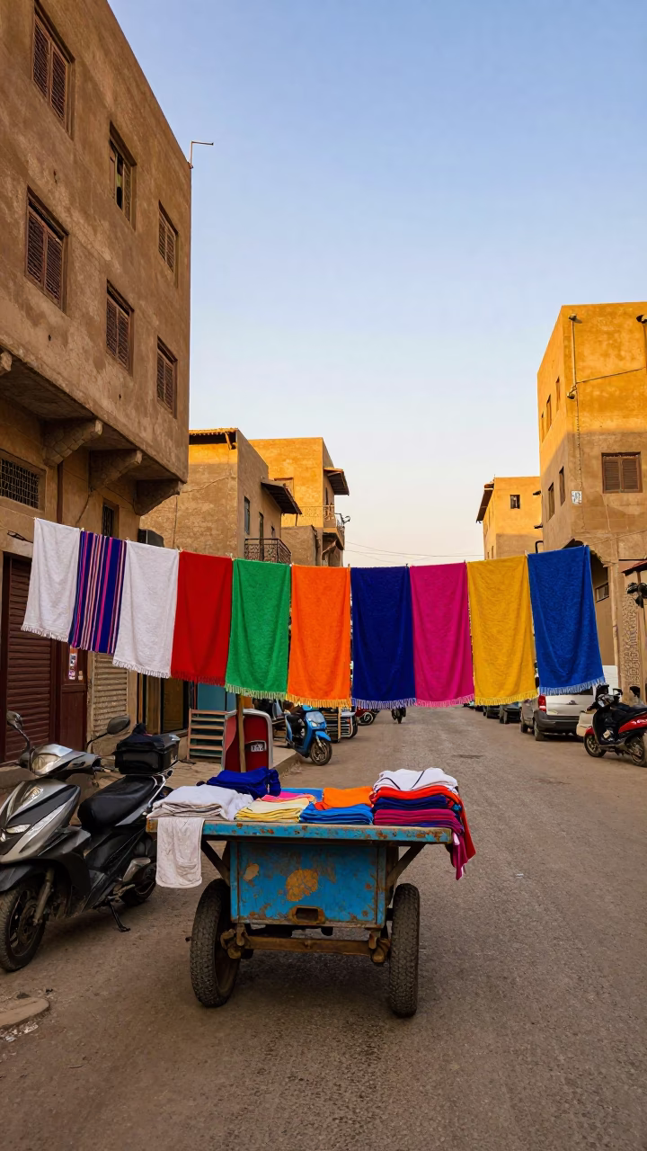 Colorful Cairo Street Scene with Rolling Carts and Drying Towels in Early Evening in in Cairo, Egypt