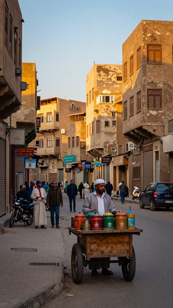 Colorful Cairo Street Scene with Vintage Canisters at Dawn in in Cairo, Egypt