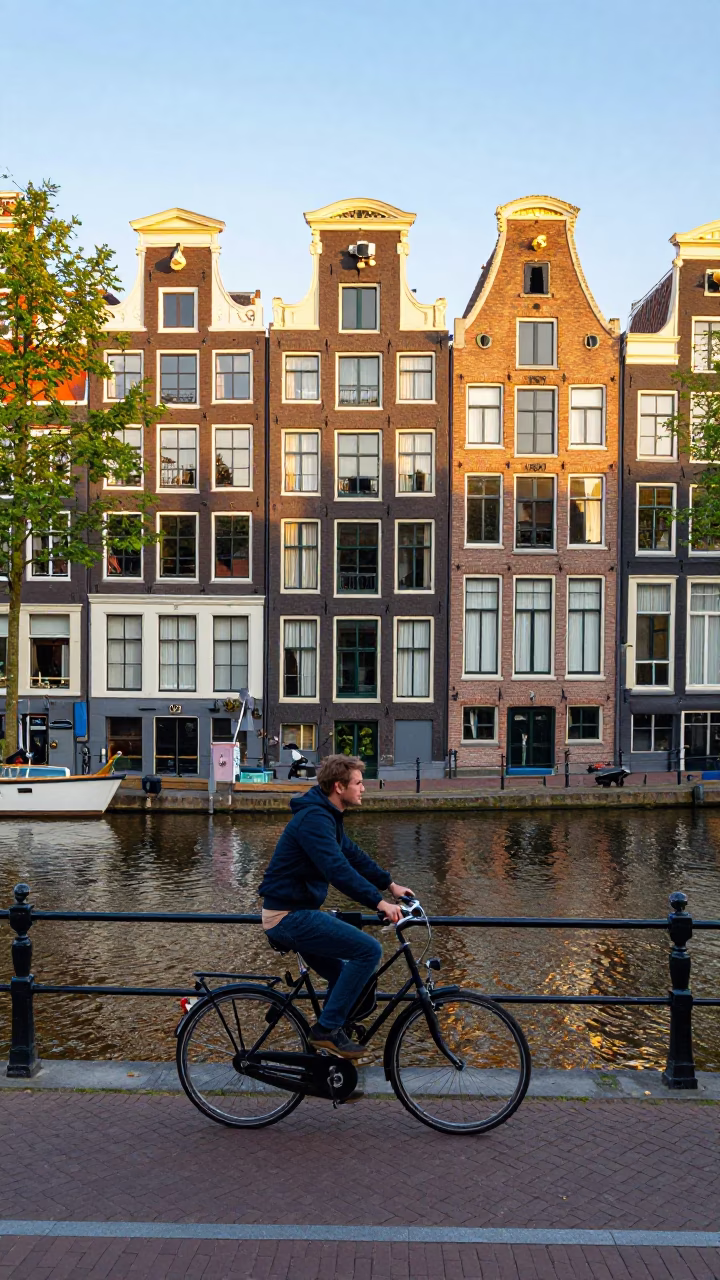 Colorful Canal House Facade and Cyclist in Late Morning Amsterdam Netherlands in in Amsterdam, Netherlands