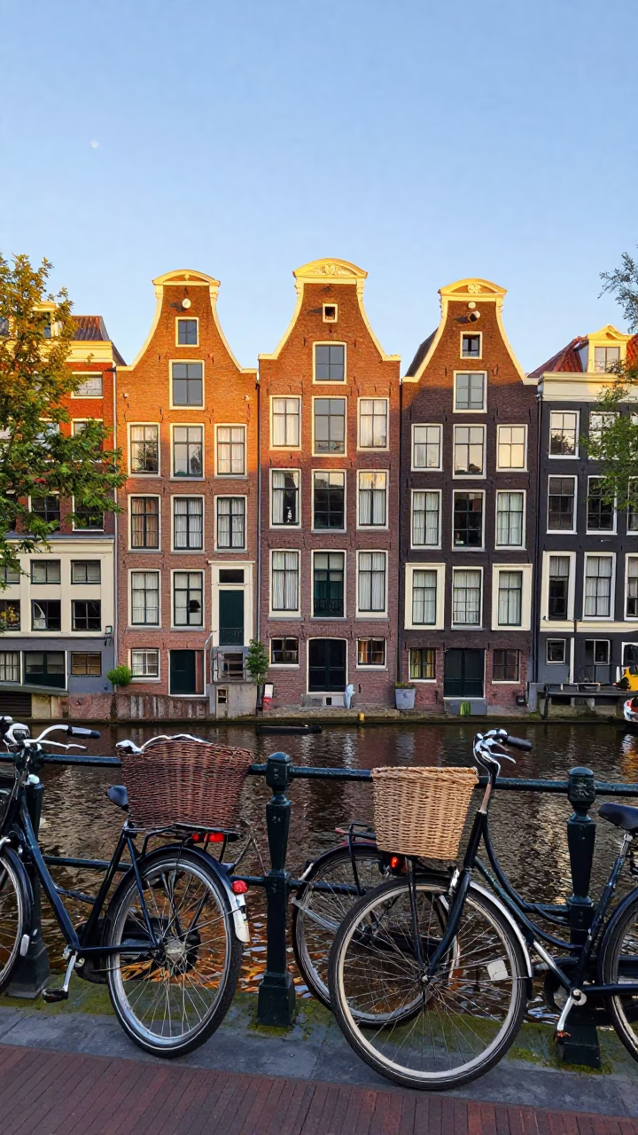 Colorful Canal House Facades and Bicycle Traffic in Amsterdam Netherlands at Sunrise in in Amsterdam, Netherlands