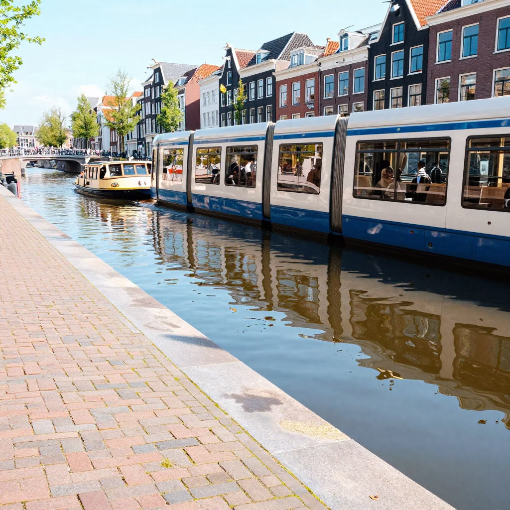 Colorful Canal Scene with Tram Reflection and Ferry in Amsterdam Netherlands Noon in in Amsterdam, Netherlands