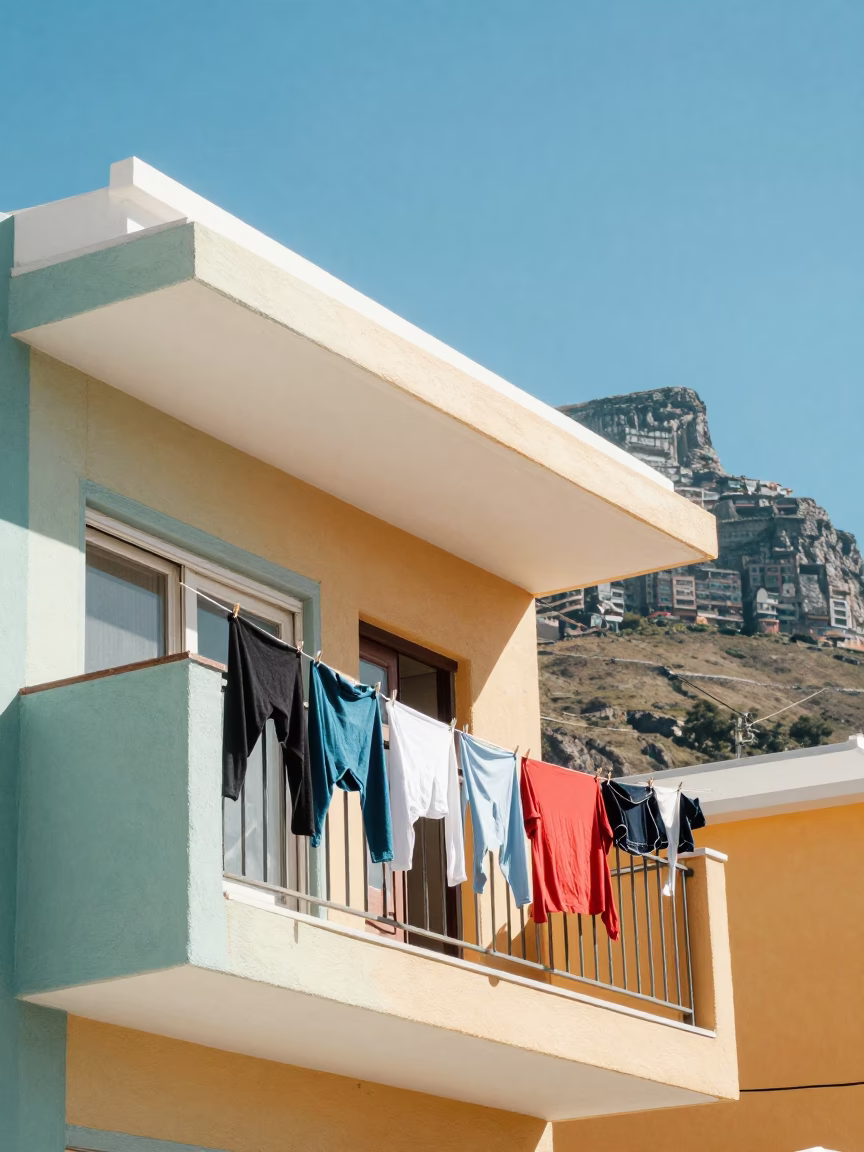 Colorful Cape Town Balcony Laundry Drying in Bright Midmorning Sunlight in in Cape Town, South Africa