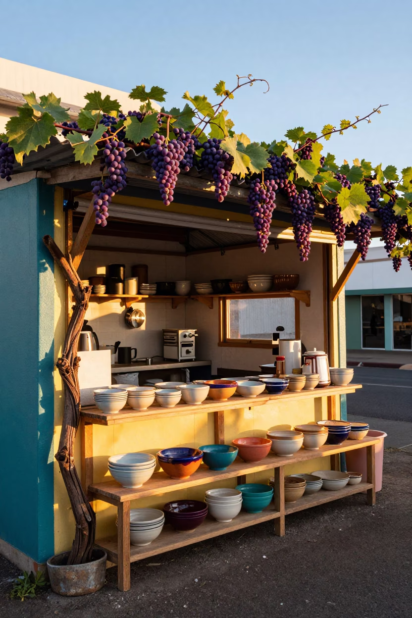 Colorful Cape Town Breakfast Stall with Grapevines and Kitchen Shelves at Sunrise in in Cape Town, South Africa