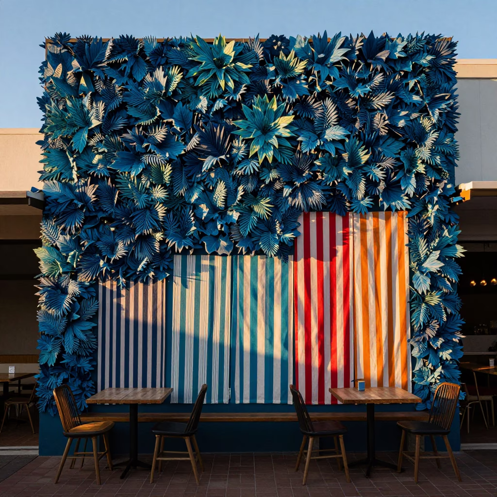 Colorful Cape Town Cafe Living Wall and Striped Fabric at Early Evening Blue Hour in in Cape Town, South Africa