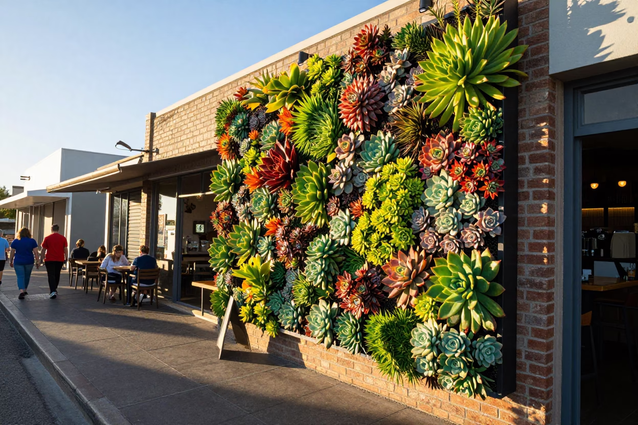 Colorful Cape Town Cafe Living Wall of Succulents Just After Sunrise in in Cape Town, South Africa