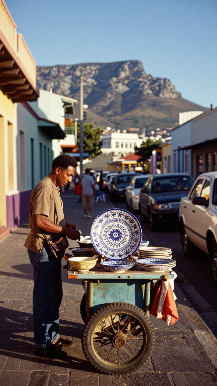 Colorful Cape Town Street Scene Early Afternoon with Vintage Italian Majolica Plate in in Cape Town, South Africa