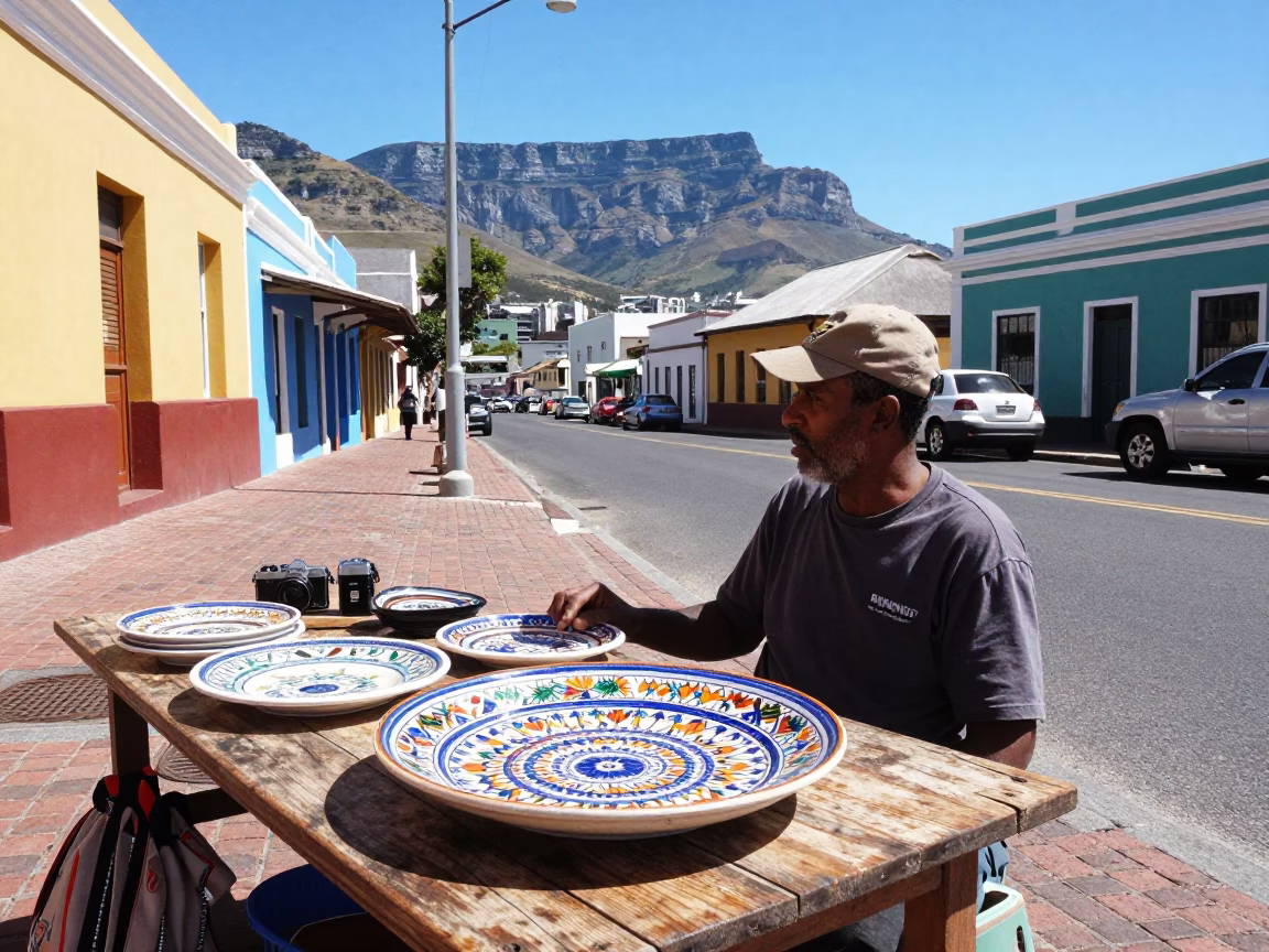 Colorful Cape Town Street Scene in Bright Midmorning Light with Vintage Majolica Plate in in Cape Town, South Africa