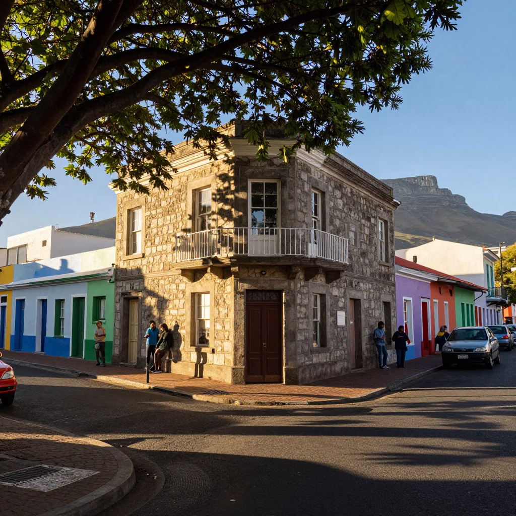 Colorful Cape Town Street Scene Late Afternoon with Leaf Shadows and Striped Towel in in Cape Town, South Africa