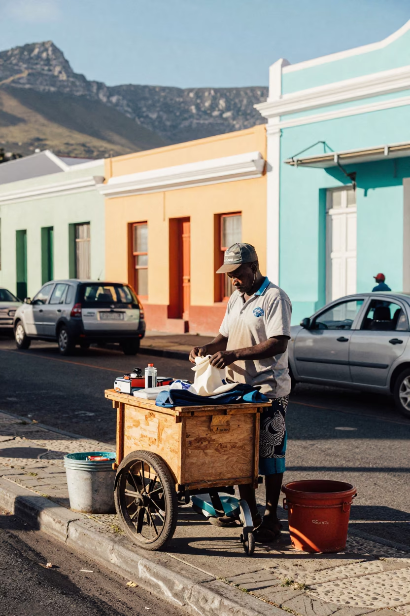 Colorful Cape Town Street Scene with Local Vendor and Mending Basket in in Cape Town, South Africa