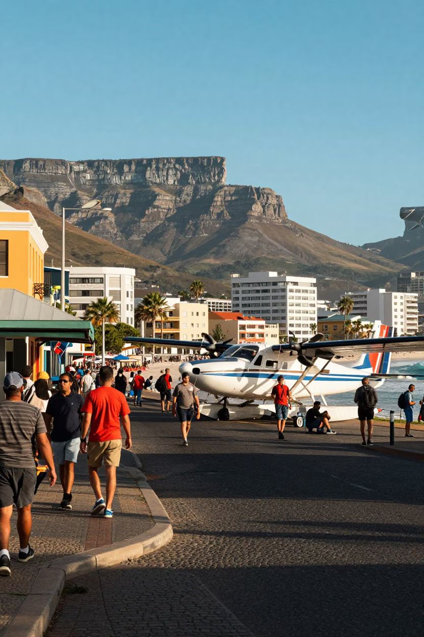 Colorful Cape Town Street Scene with Seaplane and Kites in Early Afternoon in in Cape Town, South Africa
