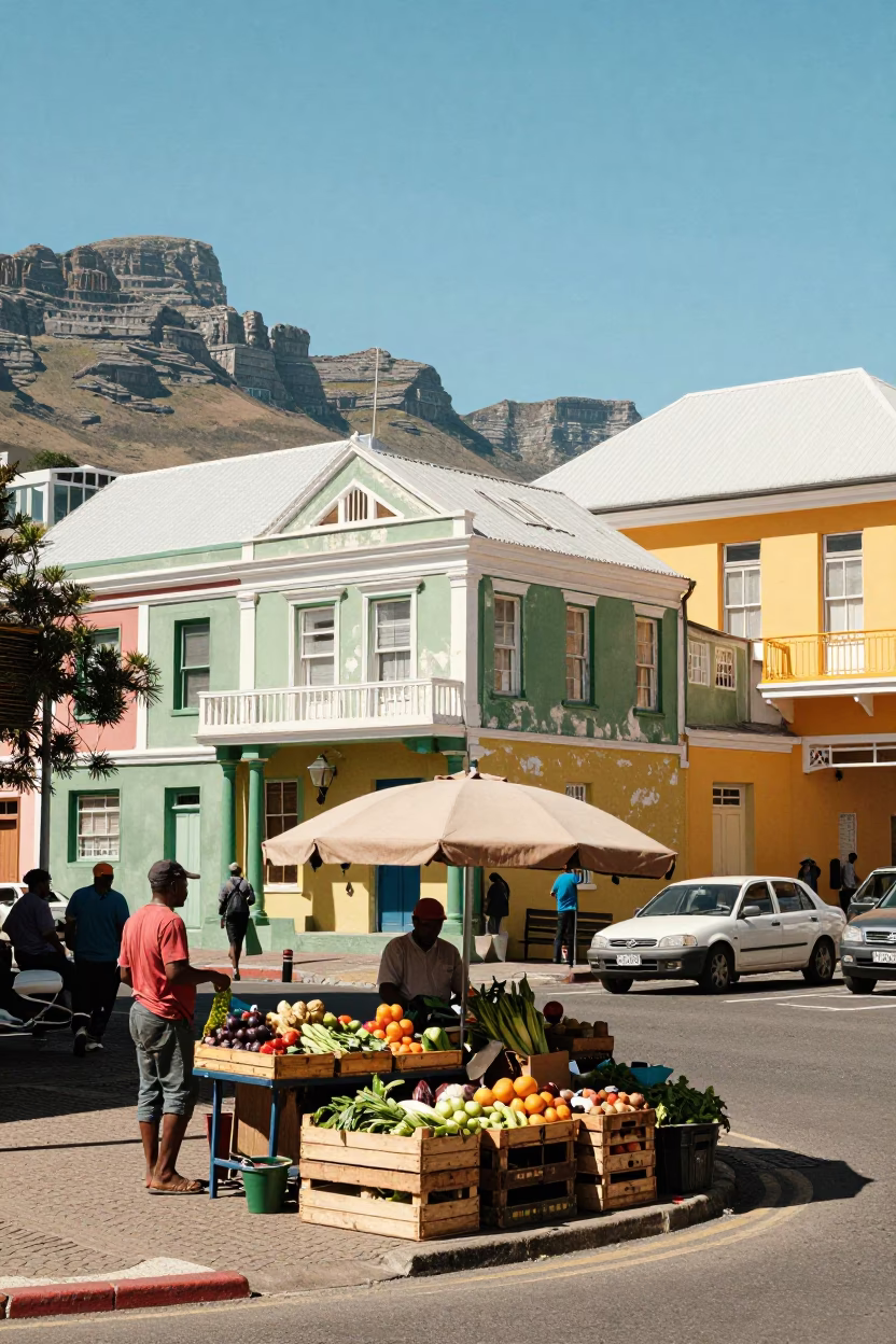 Colorful Cape Town Street Scene with Vintage 1980s Aesthetic and Local Details in in Cape Town, South Africa