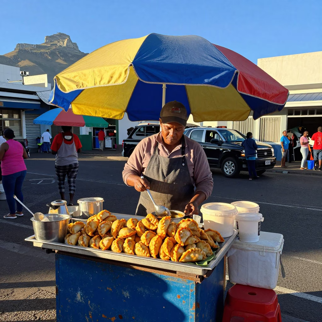 Colorful Cape Town Street Vendor with Golden Empanadas and Ladle in Early Afternoon Light in in Cape Town, South Africa