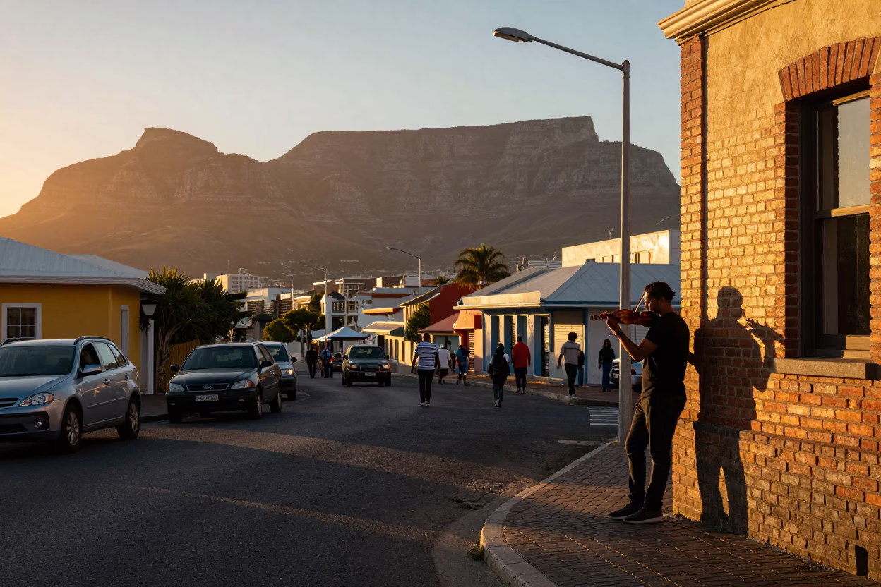 Colorful Cape Town Sunset Street Scene with Violin Player and Glass Bottles in in Cape Town, South Africa