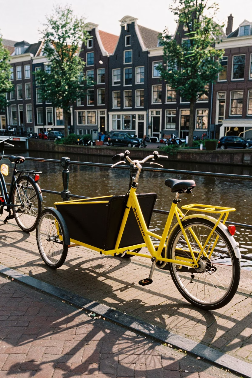 Colorful Cargo Bicycle Parked on Amsterdam Canal Street in Late Morning Light in in Amsterdam, Netherlands