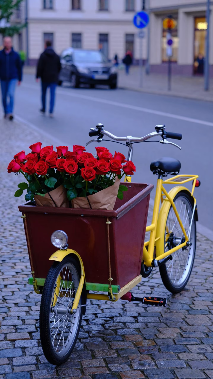 Colorful Cargo Bicycle with Flowers in Early Evening Berlin Street Scene in in Berlin, Germany
