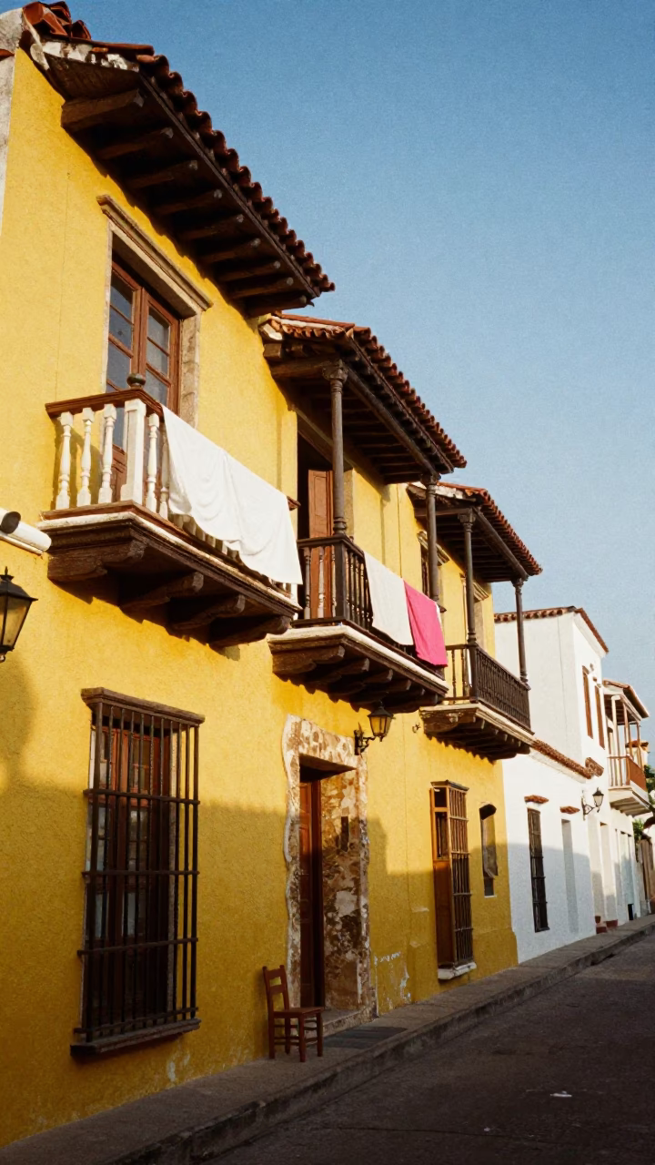 Colorful Cartagena Balcony with Hanging Linens and Vibrant Street View in in Cartagena, Colombia