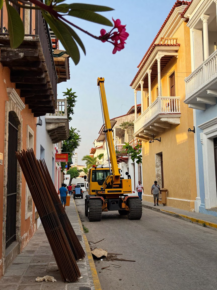 Colorful Cartagena Colombia Late Morning Street Scene with Construction and Daily Life in in Cartagena, Colombia
