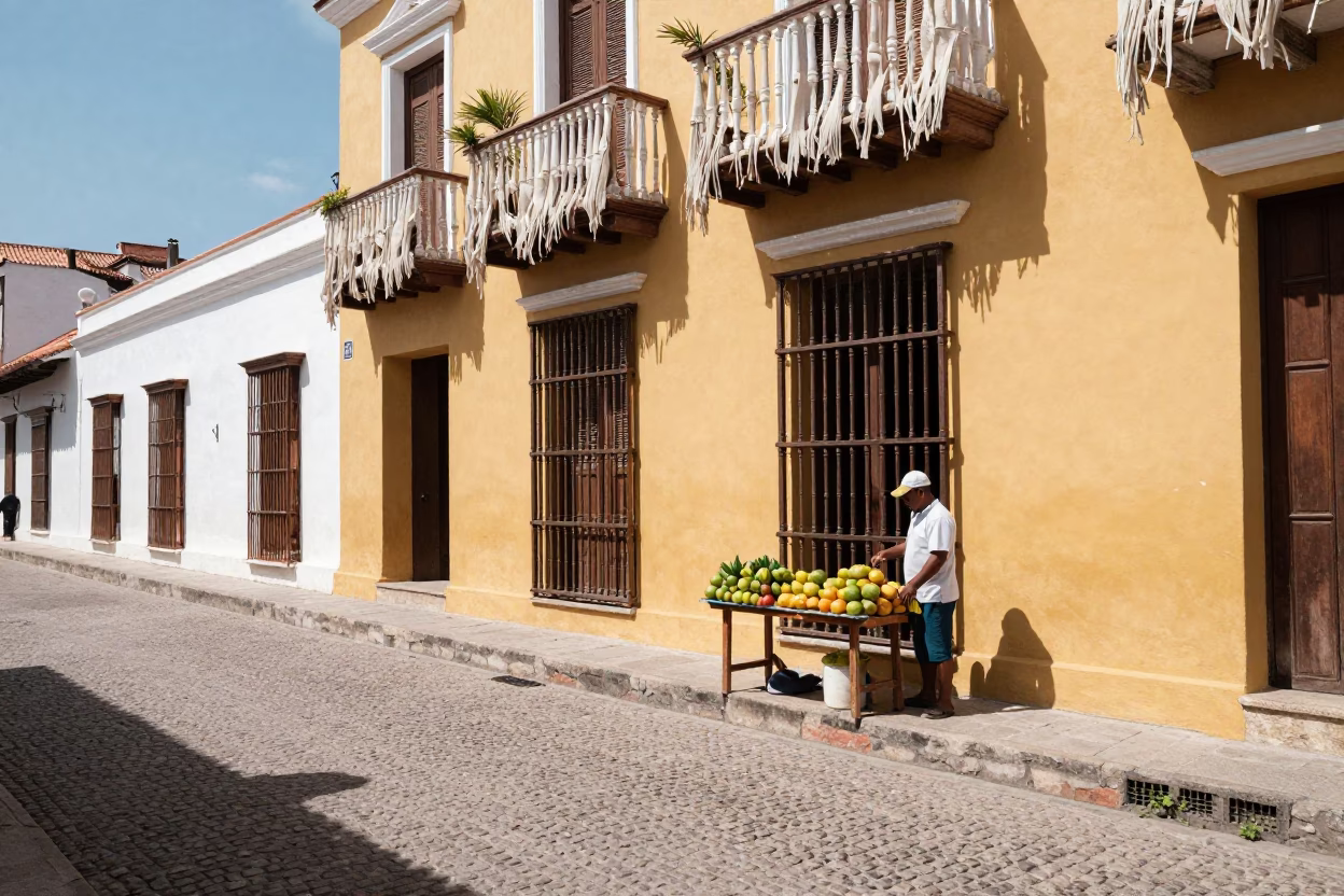 Colorful Cartagena Colombia Midday Street Scene with Linen Fringe Rail and Local Market Activity in in Cartagena, Colombia
