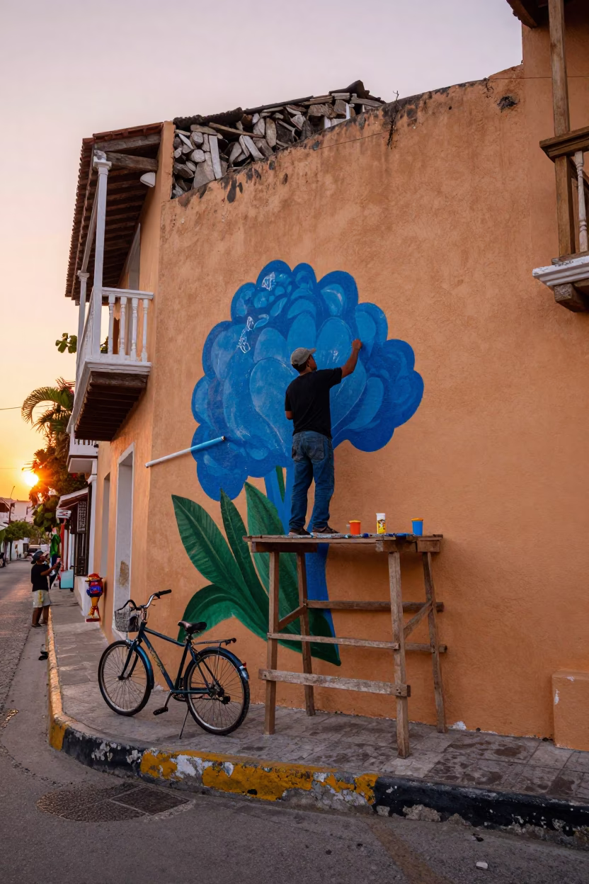Colorful Cartagena Colombia Street Mural Painting at Sunset with Bicycle in in Cartagena, Colombia