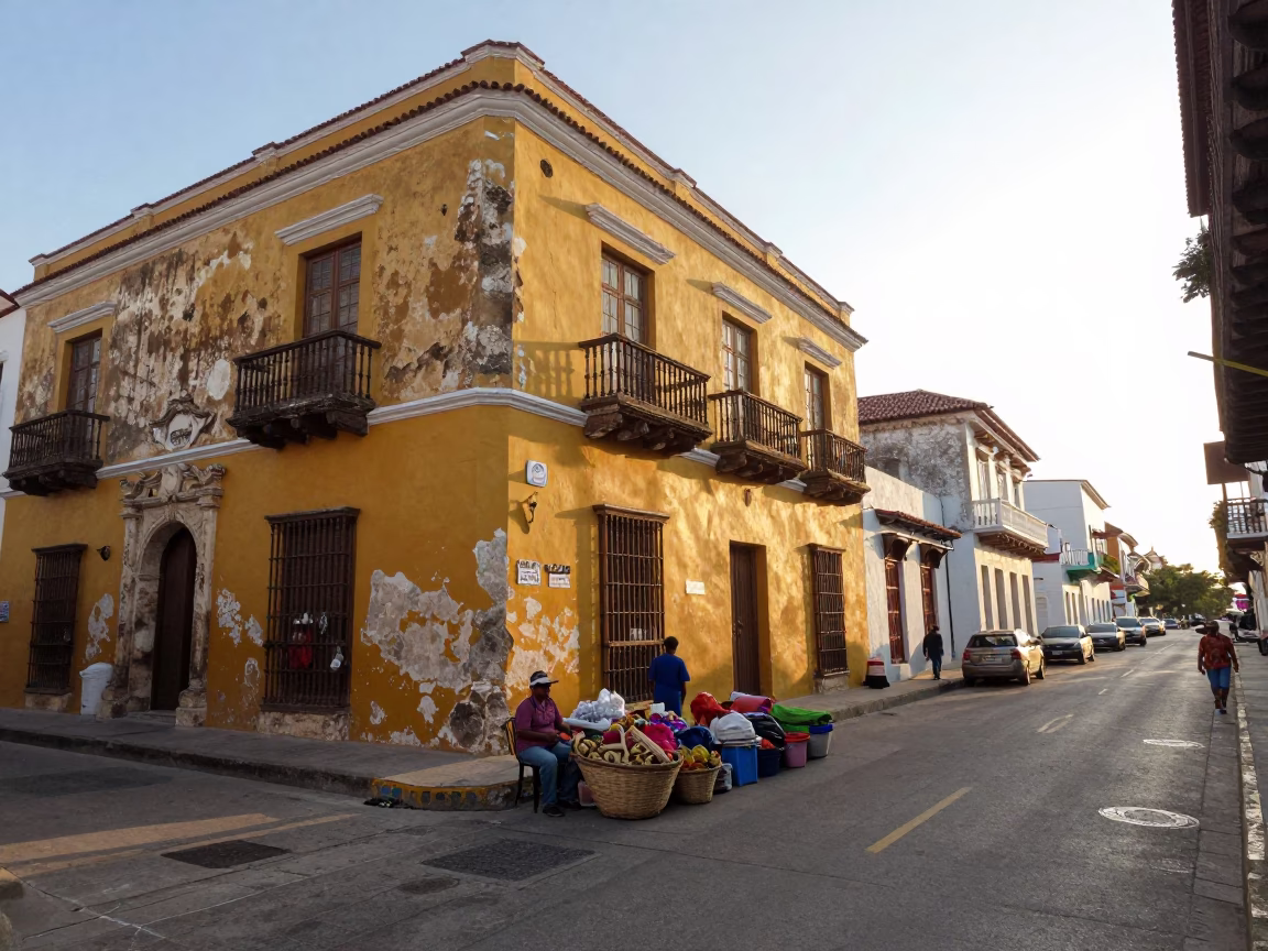 Colorful Cartagena Colombia Street Scene After Sunrise with Market Goods in in Cartagena, Colombia