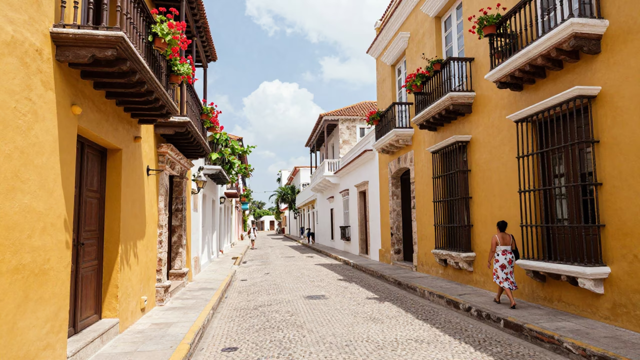 Colorful Cartagena Colombia Street Scene Bright Midmorning Light Colonial Architecture in in Cartagena, Colombia