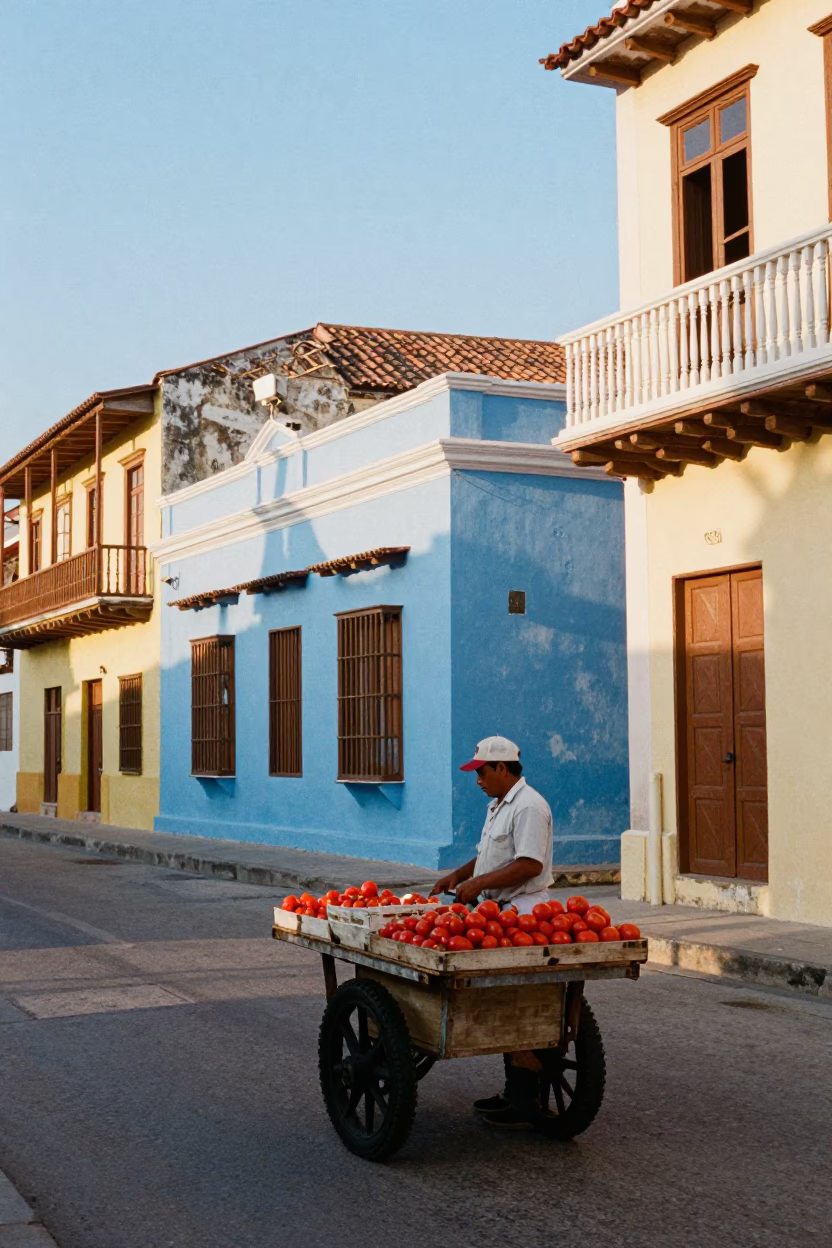 Colorful Cartagena Colombia Street Scene Late Afternoon Light with Local Market Activity in in Cartagena, Colombia
