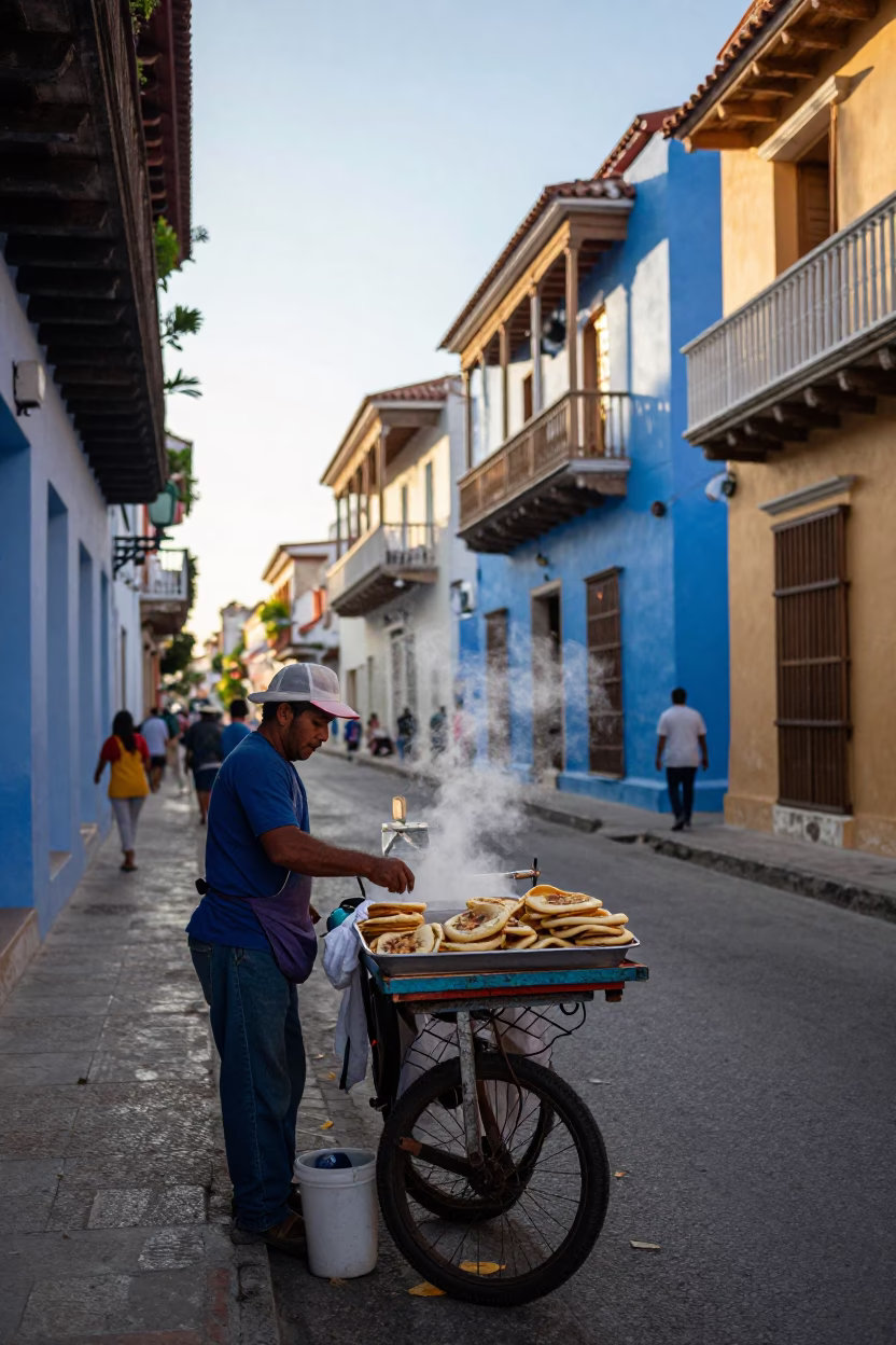 Colorful Cartagena Colombia Street Scene Late Afternoon with Local Vendor and Traditional Details in in Cartagena, Colombia